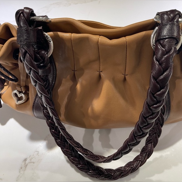 BRIGHTON Leather Shoulder Bag, Braided handles, Camel with brown trim - Picture 10 of 14